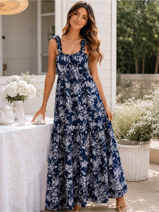 Abercrombie & Fitch Dresses & Skirts - Abercrombie & Fitch | Navy Floral Ruffle-Strap Maxi Dress - Size S